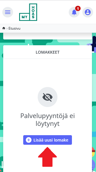 Kuvakaappaus etusivulta lomakkeet-osiosta. Punainen nuoli osoittaa sen yläpuolella olevaa sinistä painiketta, jossa lukee Lisää uusi lomake.